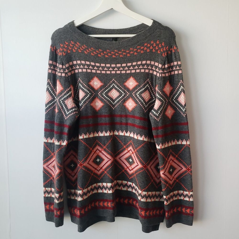 Talbots Crew Neck Long sleeve Aztec Geometric Print Wool blend Sweater size L